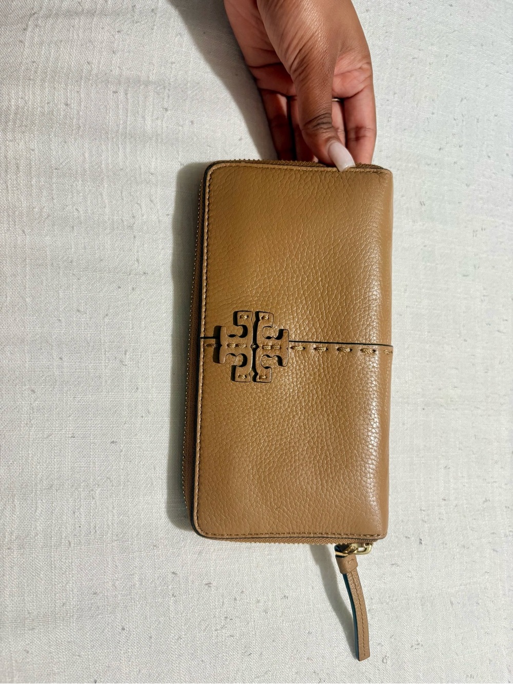 Tory Burch Caramel Leather Zip Around Wallet with Logo